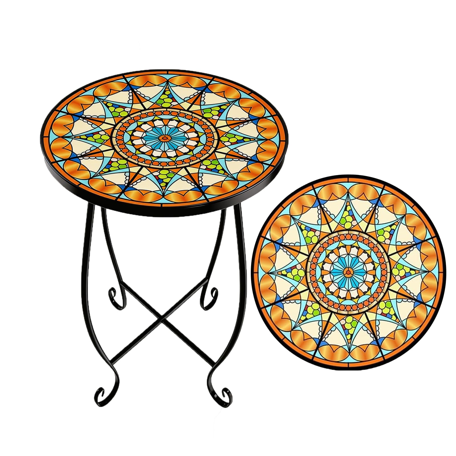 Kaesithar round table front view showing colorful sun motif and compact profile for patios