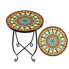 Kaesithar round table front view showing colorful sun motif and compact profile for patios