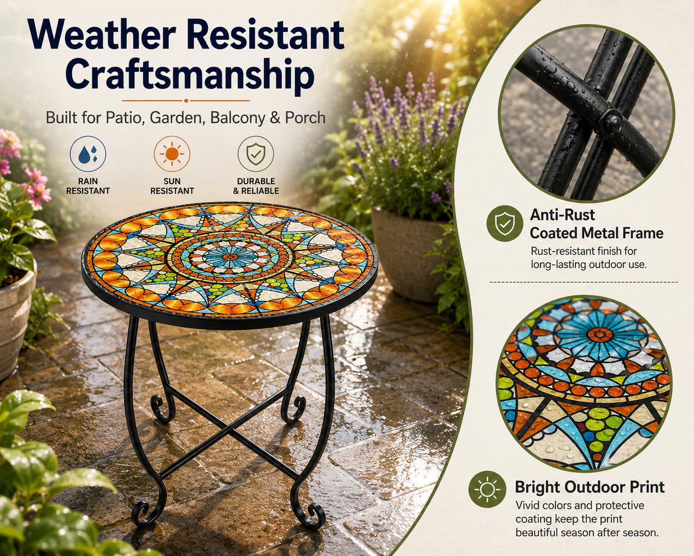 Kaesithar table by garden chair demonstrating usable surface for drinks and plants
