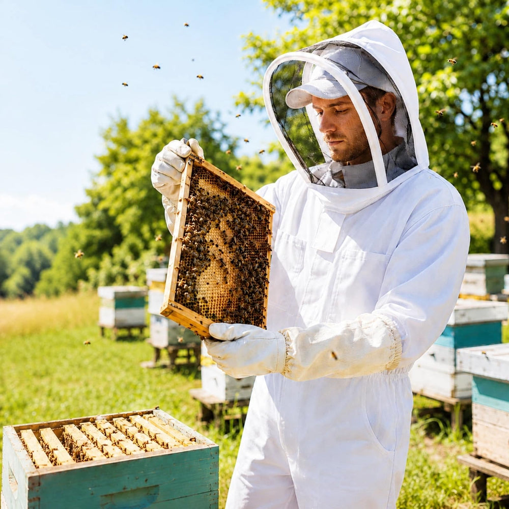 KAGZ beekeeper suit in apiary lifestyle scene aiding comfortable hive inspections