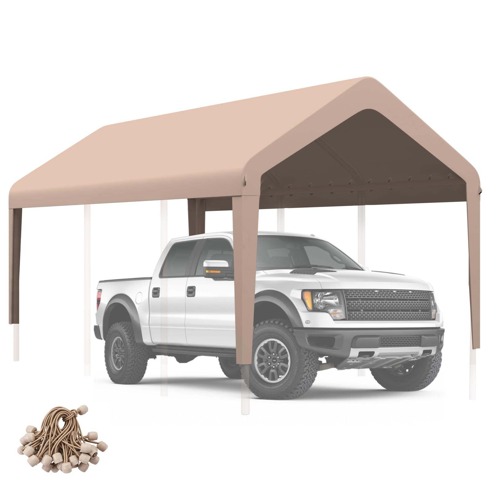 KAHLHAK front view of beige 10x20 canopy showing full coverage benefit