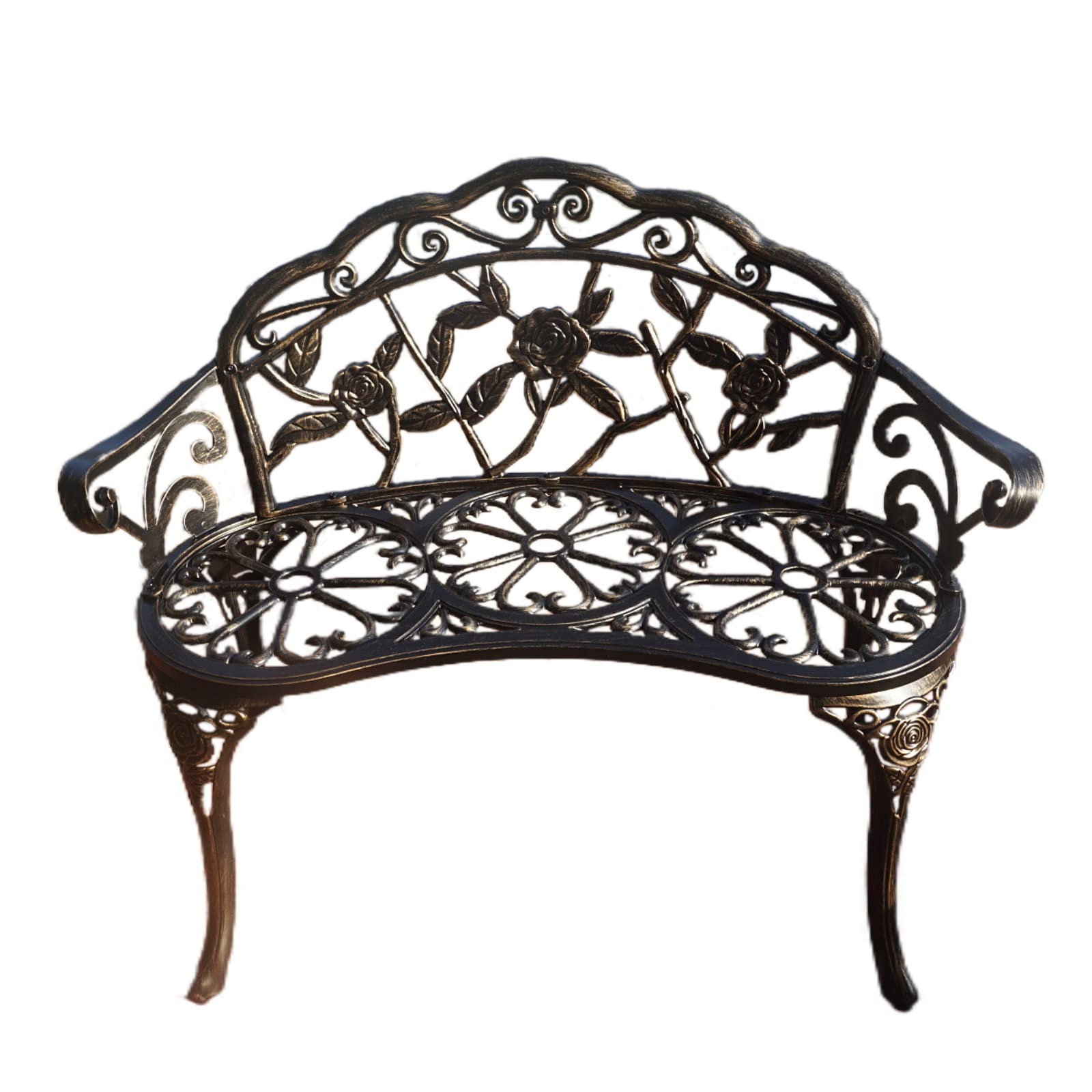 KAILI bench front view showing bronze finish and elegant seating benefit
