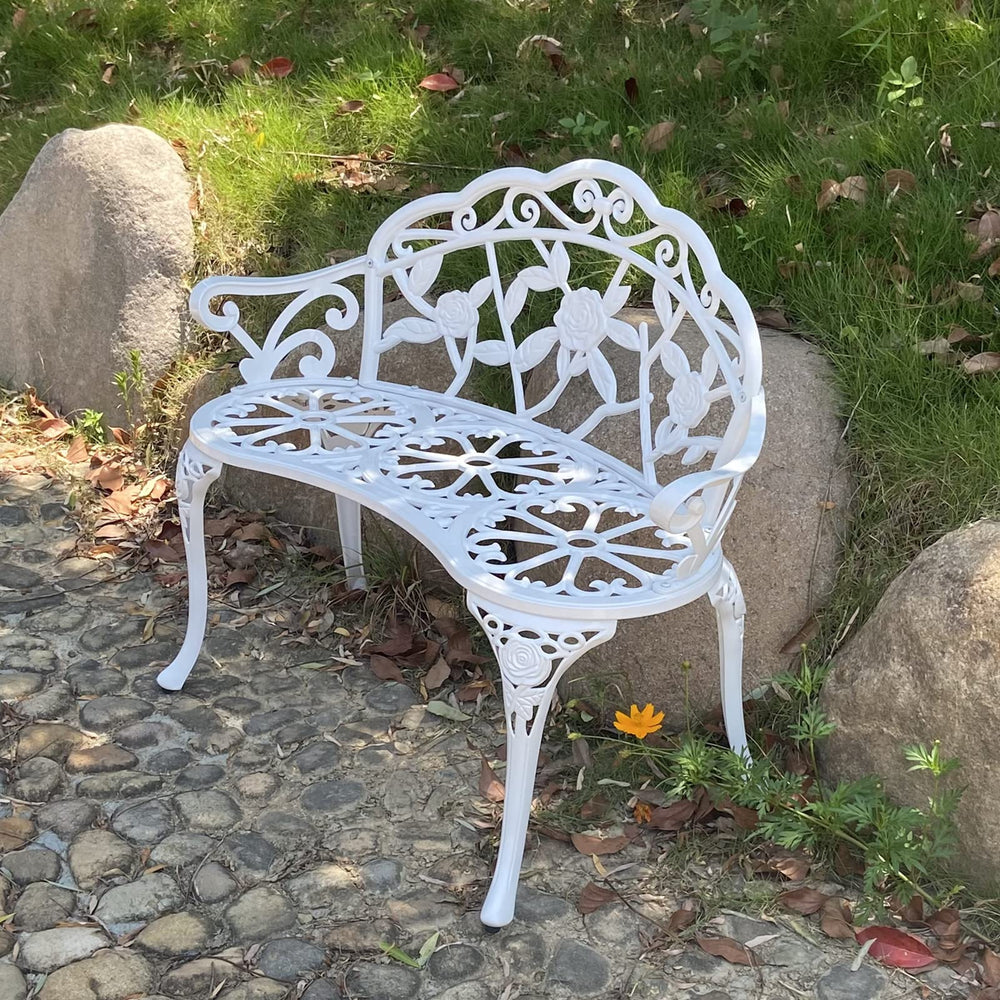 KAILI bench front view shows white rose design and welcoming seating benefit