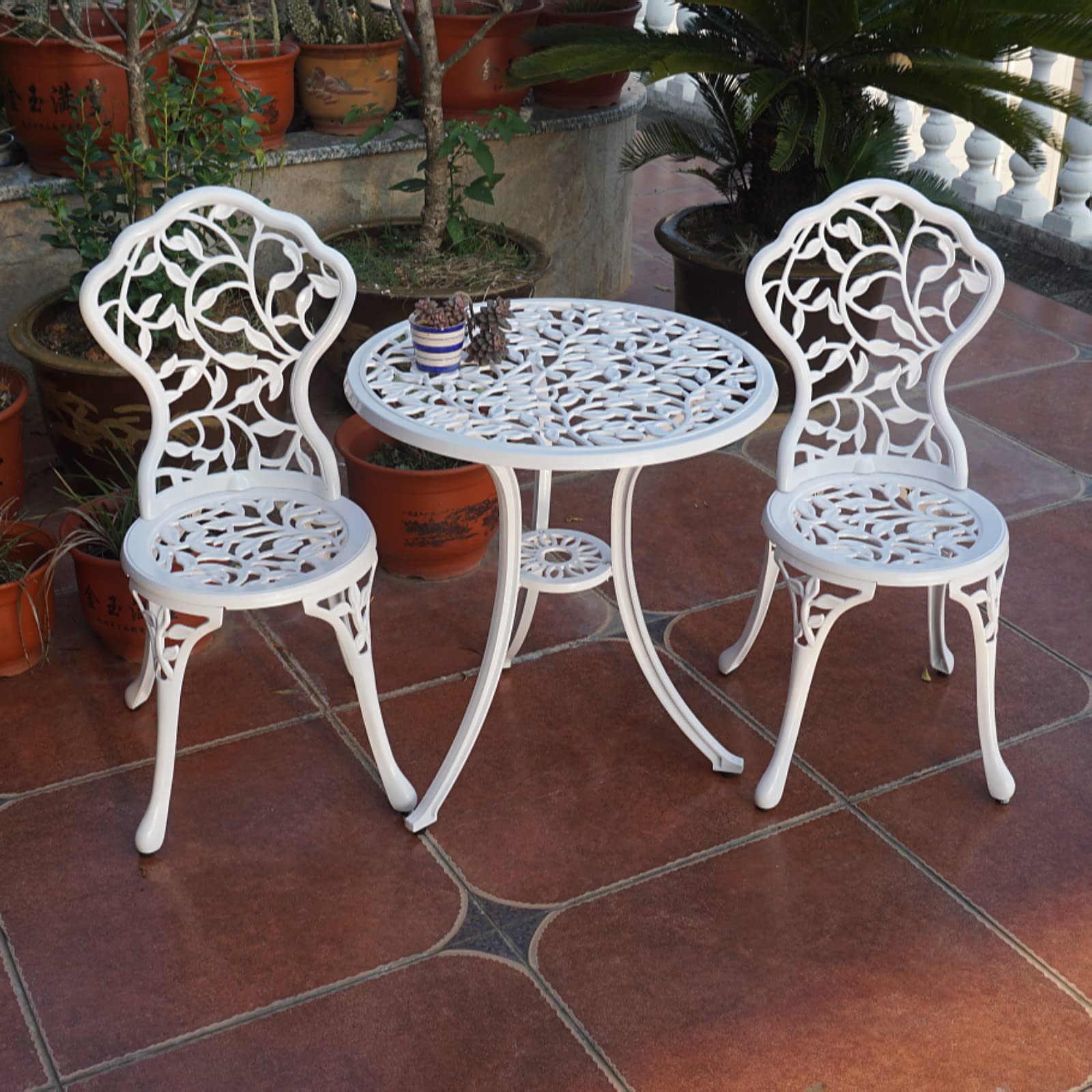 KAILI bistro chair beside a person for scale showing compact footprint