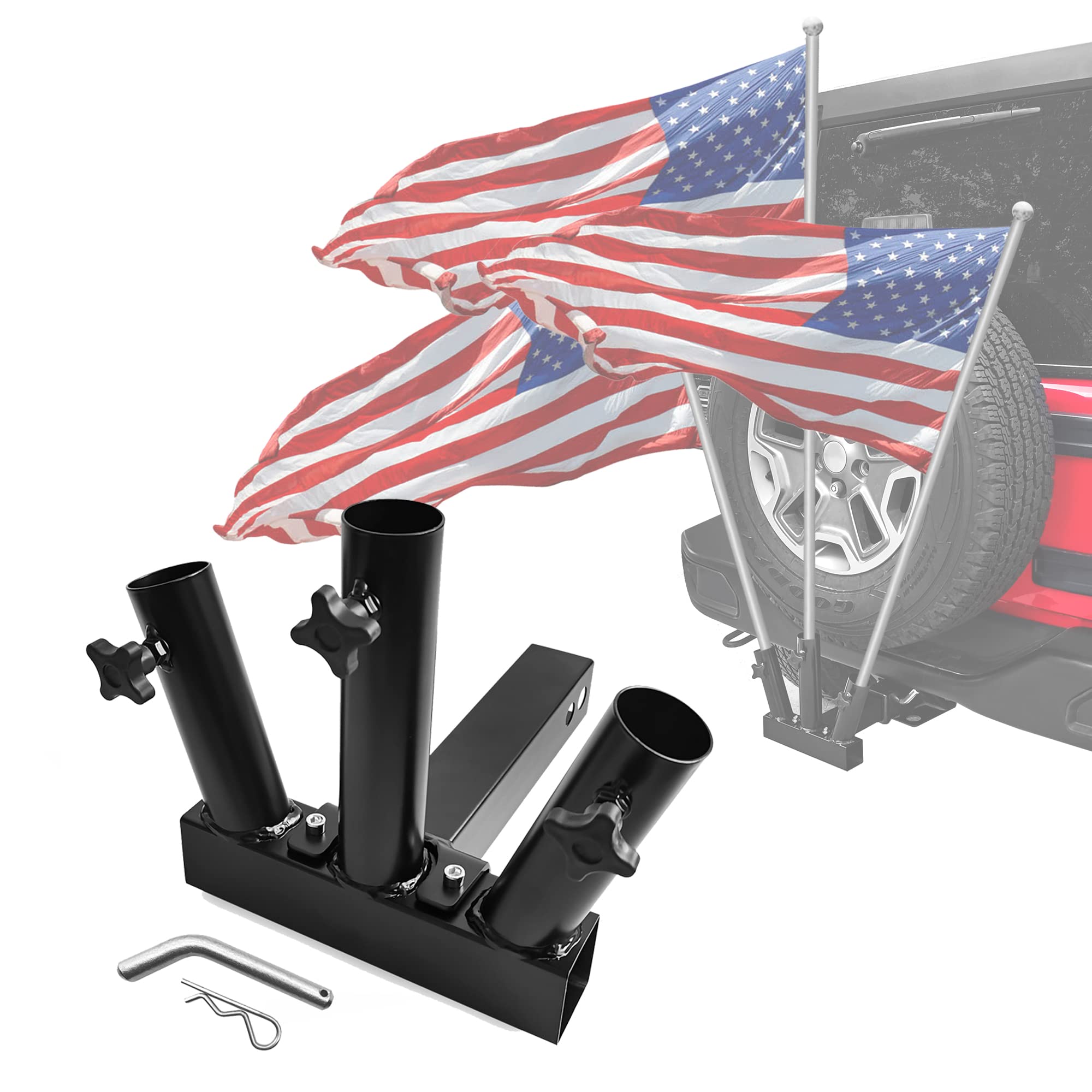 KAIRAY front view of hitch flag pole holder showing sturdy build and easy install benefit
