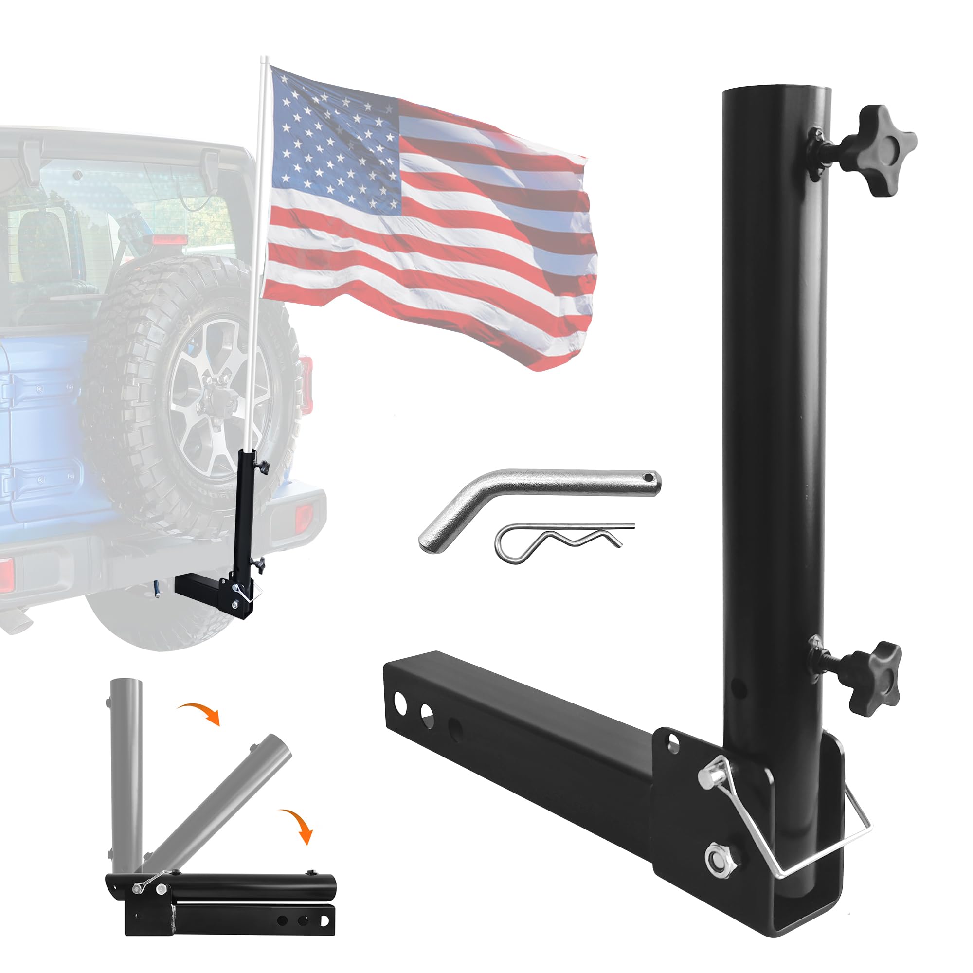 KAIRAY hitch mount installed front view showing secure attachment and clear flag display