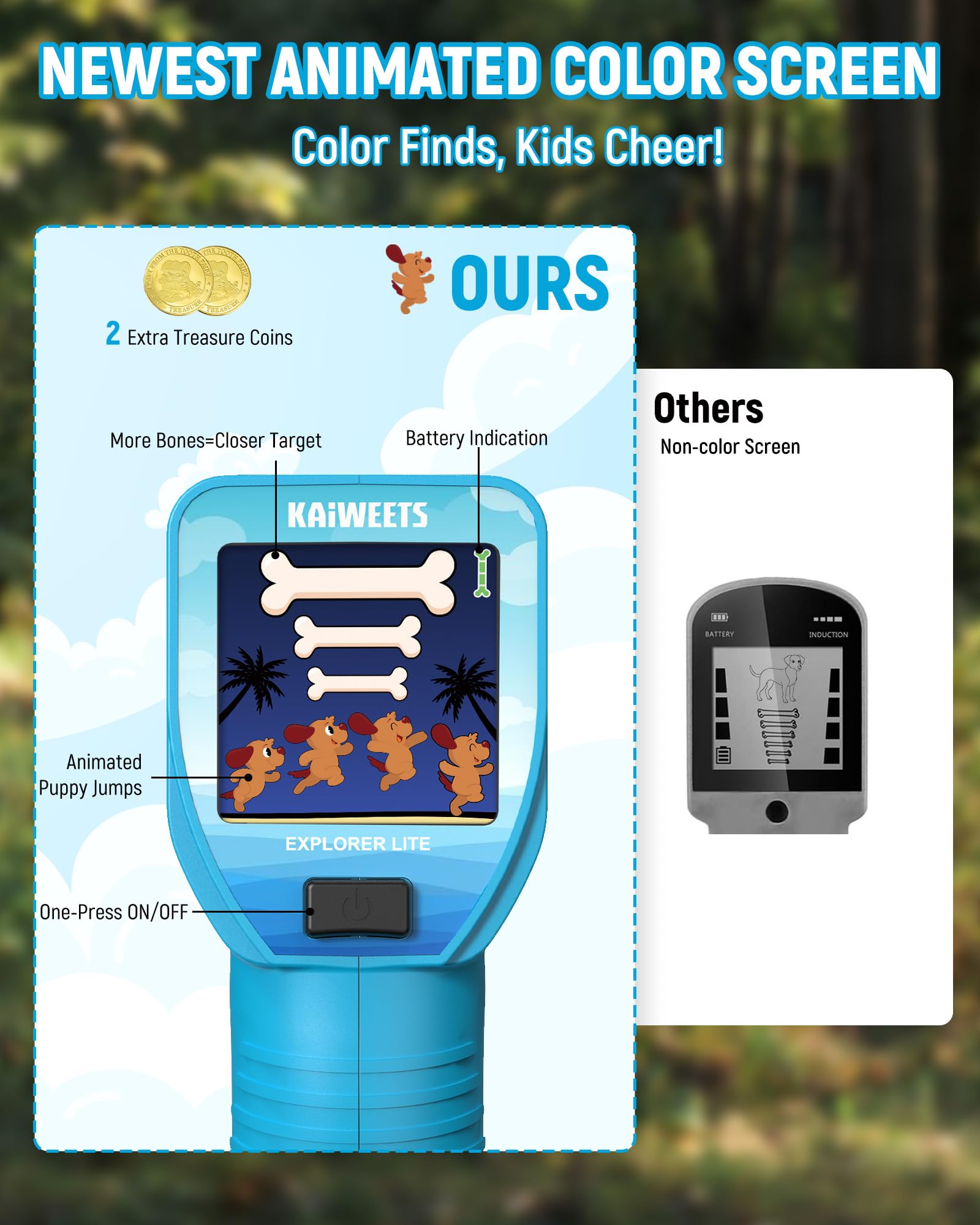 KAIWEETS color LCD close-up with animated icons for clear find feedback