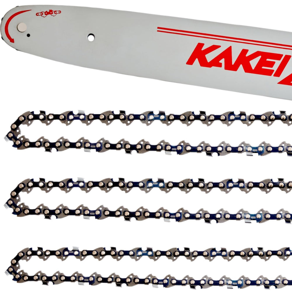 KAKEI 16-inch front packaging showing bar and three chains benefit quick replacement
