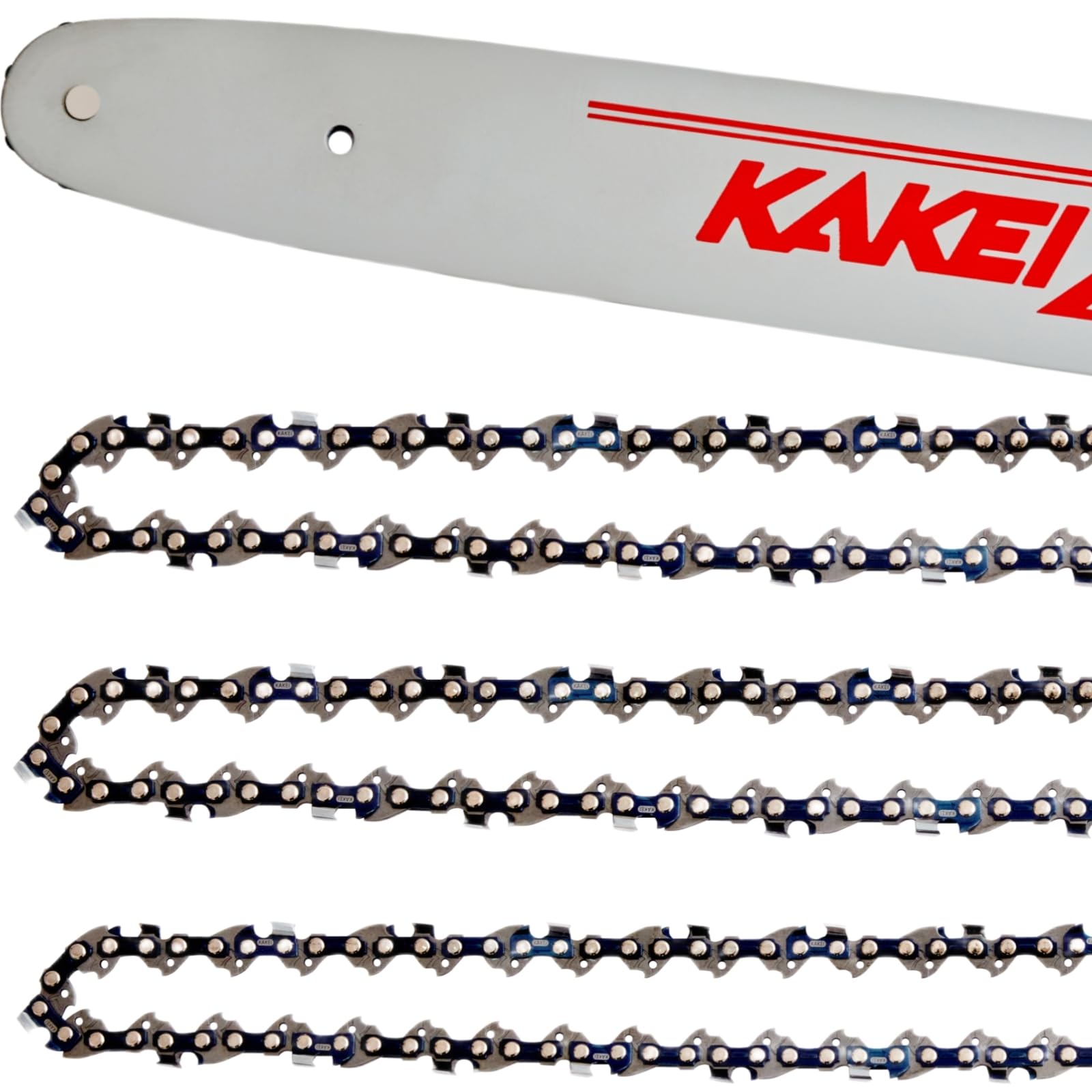 KAKEI 18-inch bar and chains front view showing kit and quick replacement benefit