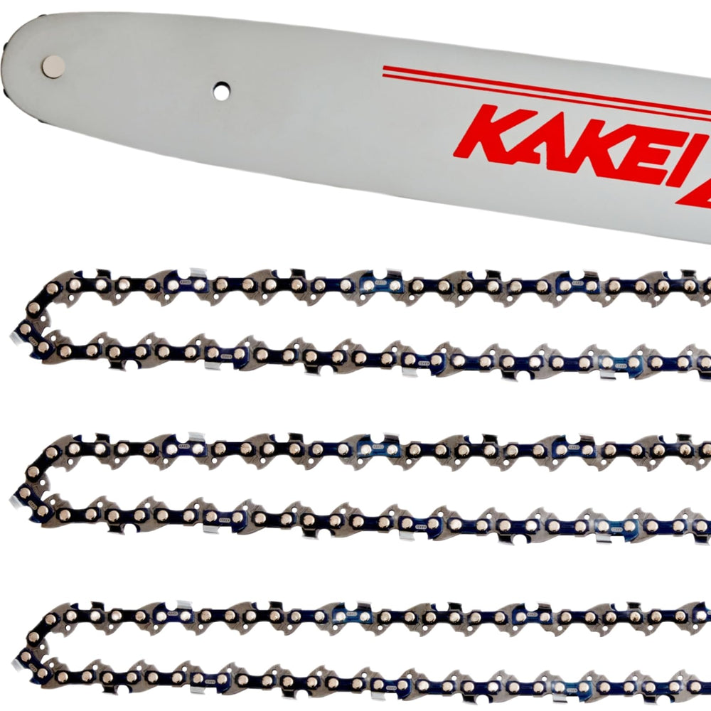 KAKEI 18-inch bar and chains front view showing kit and quick replacement benefit