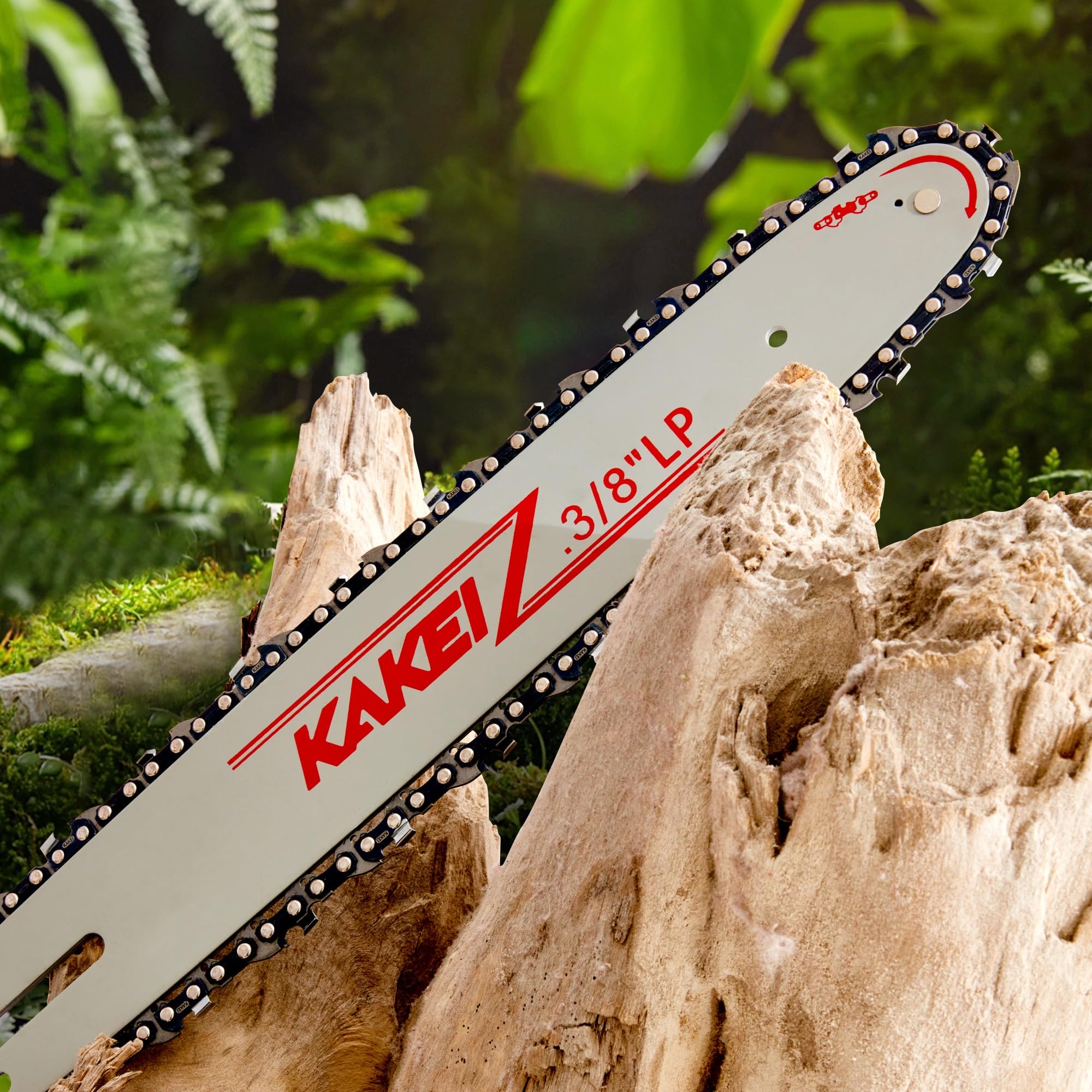 KAKEI guide bar edge close-up showing hardened steel for improved durability