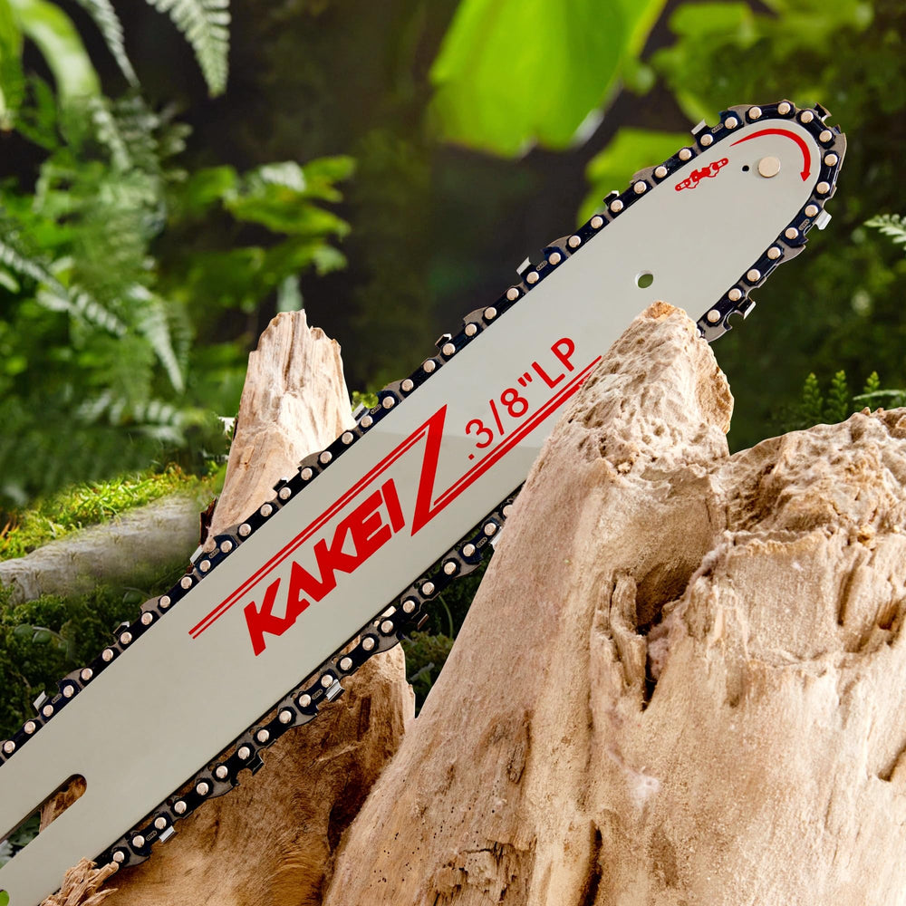 KAKEI guide bar edge close-up showing hardened steel for improved durability