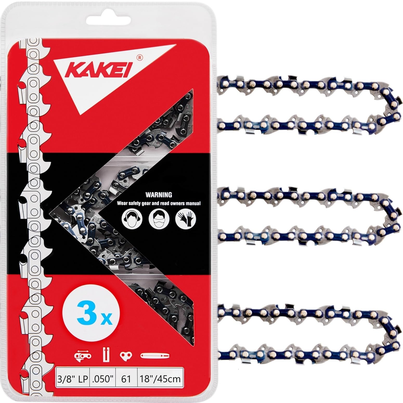KAKEI front packaging showing 3-pack chains for quick replacement and value