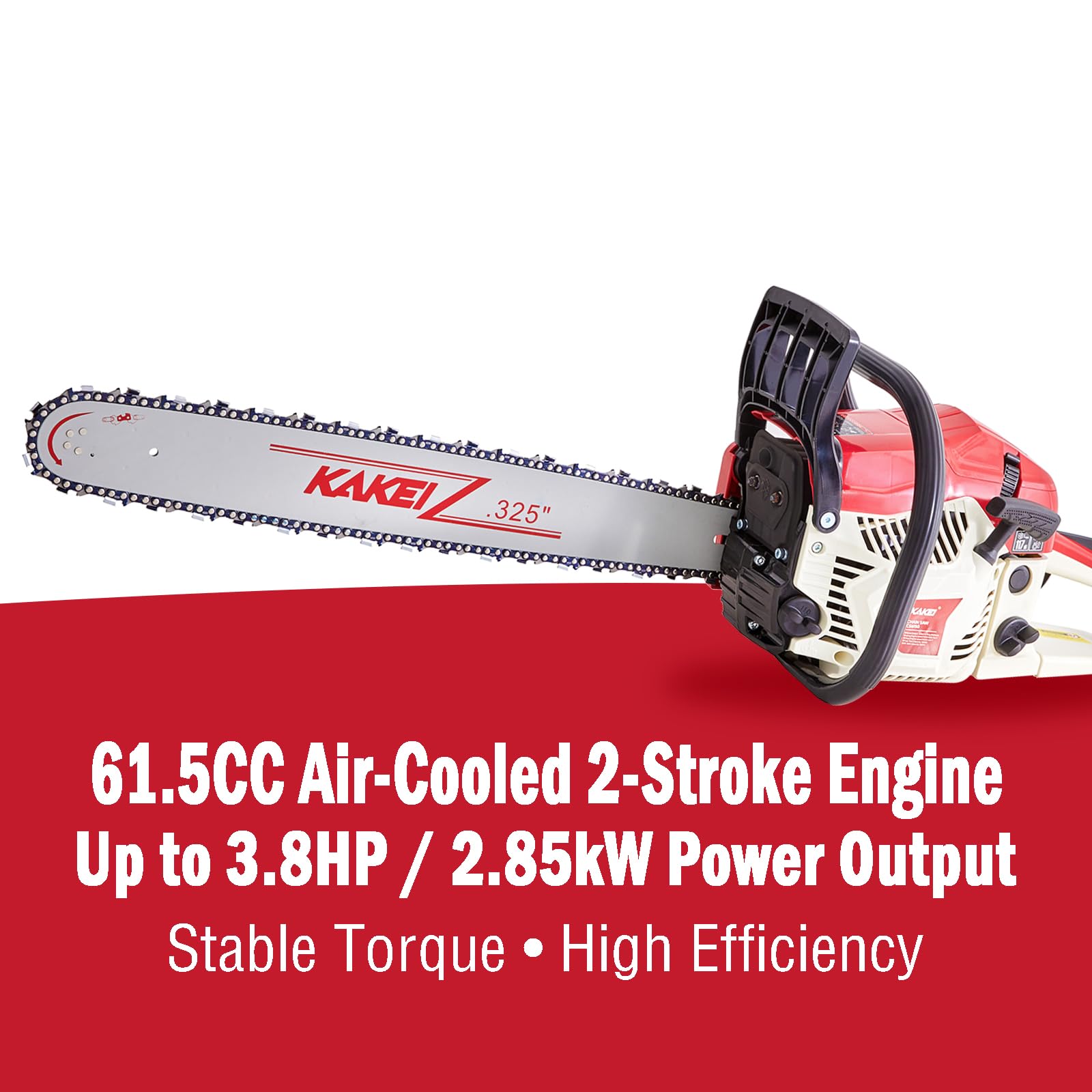 KAKEI engine close-up highlighting 61.5cc air-cooled power and reliability