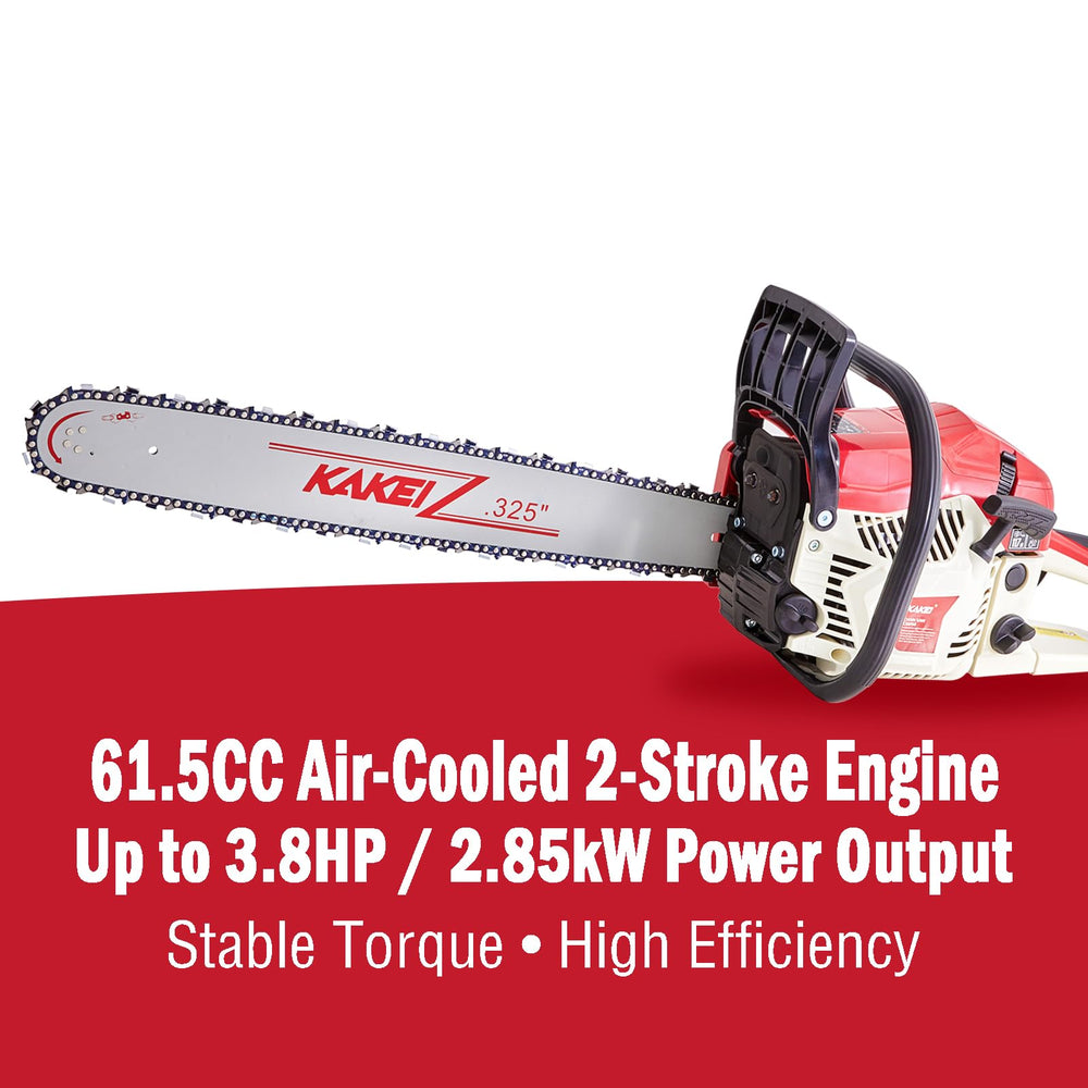 KAKEI engine close-up highlighting 61.5cc air-cooled power and reliability
