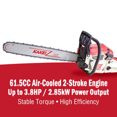 KAKEI engine close-up highlighting 61.5cc air-cooled power and reliability