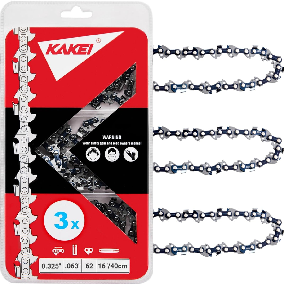 KAKEI front packaging showing three 16-inch chains and product info, clear fit guidance