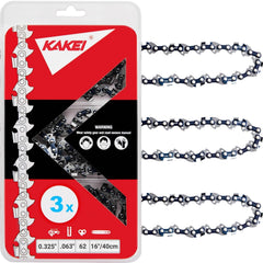 KAKEI front packaging showing three 16-inch chains and product info, clear fit guidance