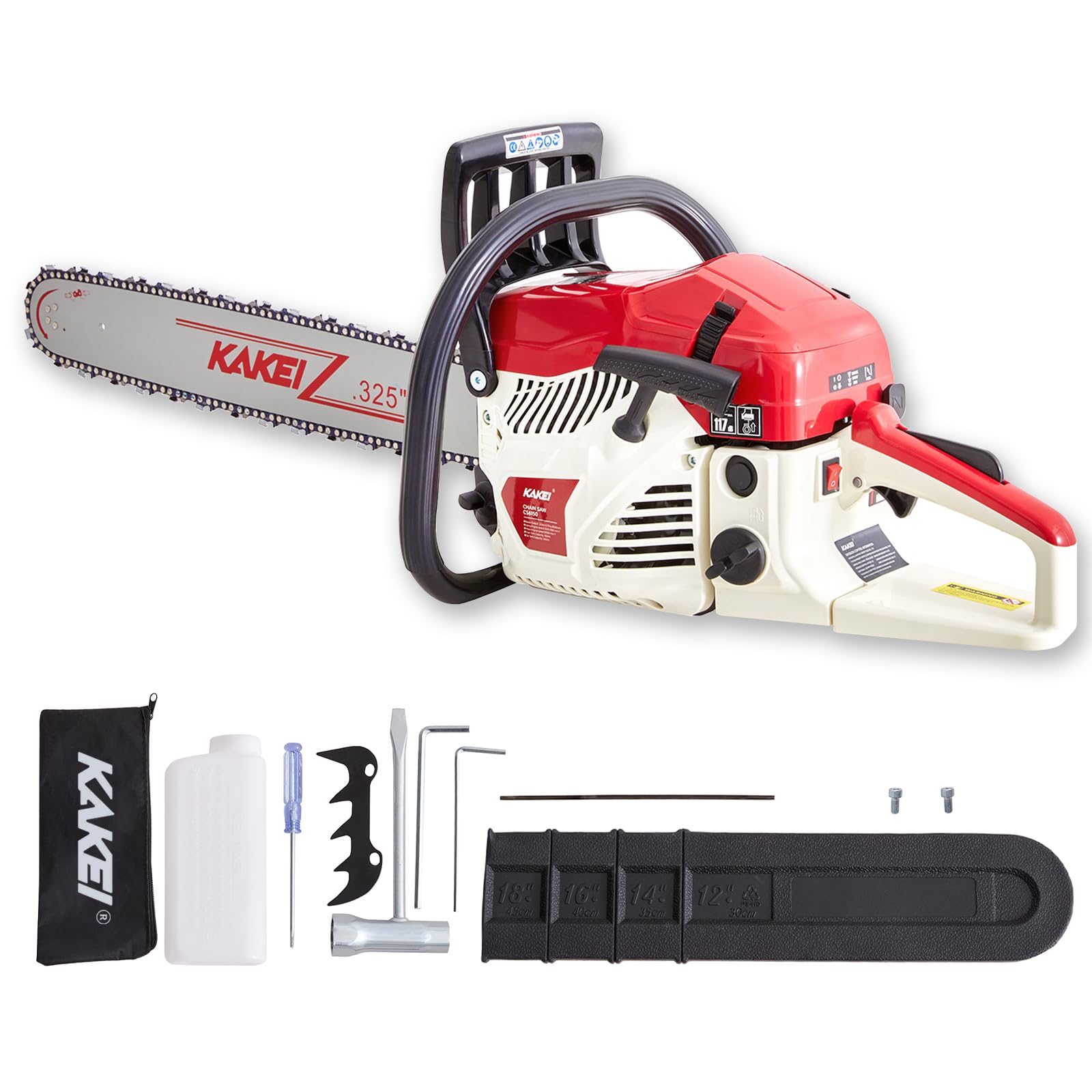 KAKEI front packaging view showing full 22-inch chainsaw and kit ready