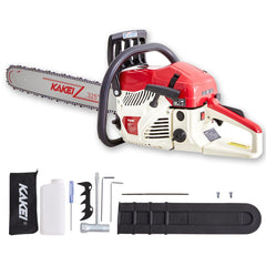 KAKEI front packaging view showing full 22-inch chainsaw and kit ready
