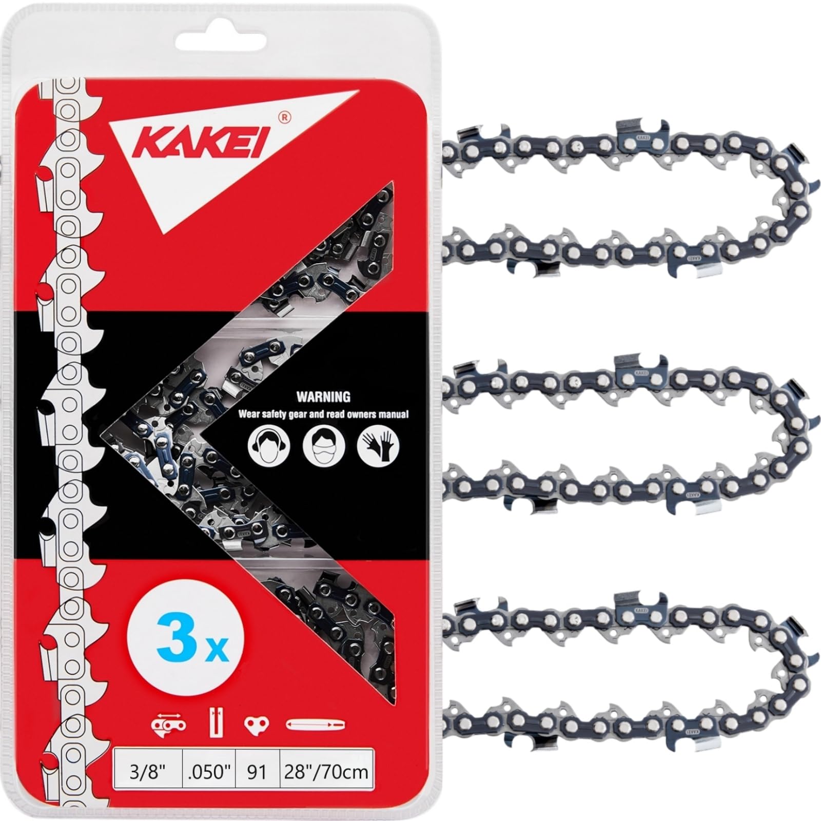 KAKEI front packaging showing 28-inch chains three-pack and product benefits