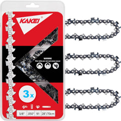 KAKEI front packaging showing 28-inch chains three-pack and product benefits