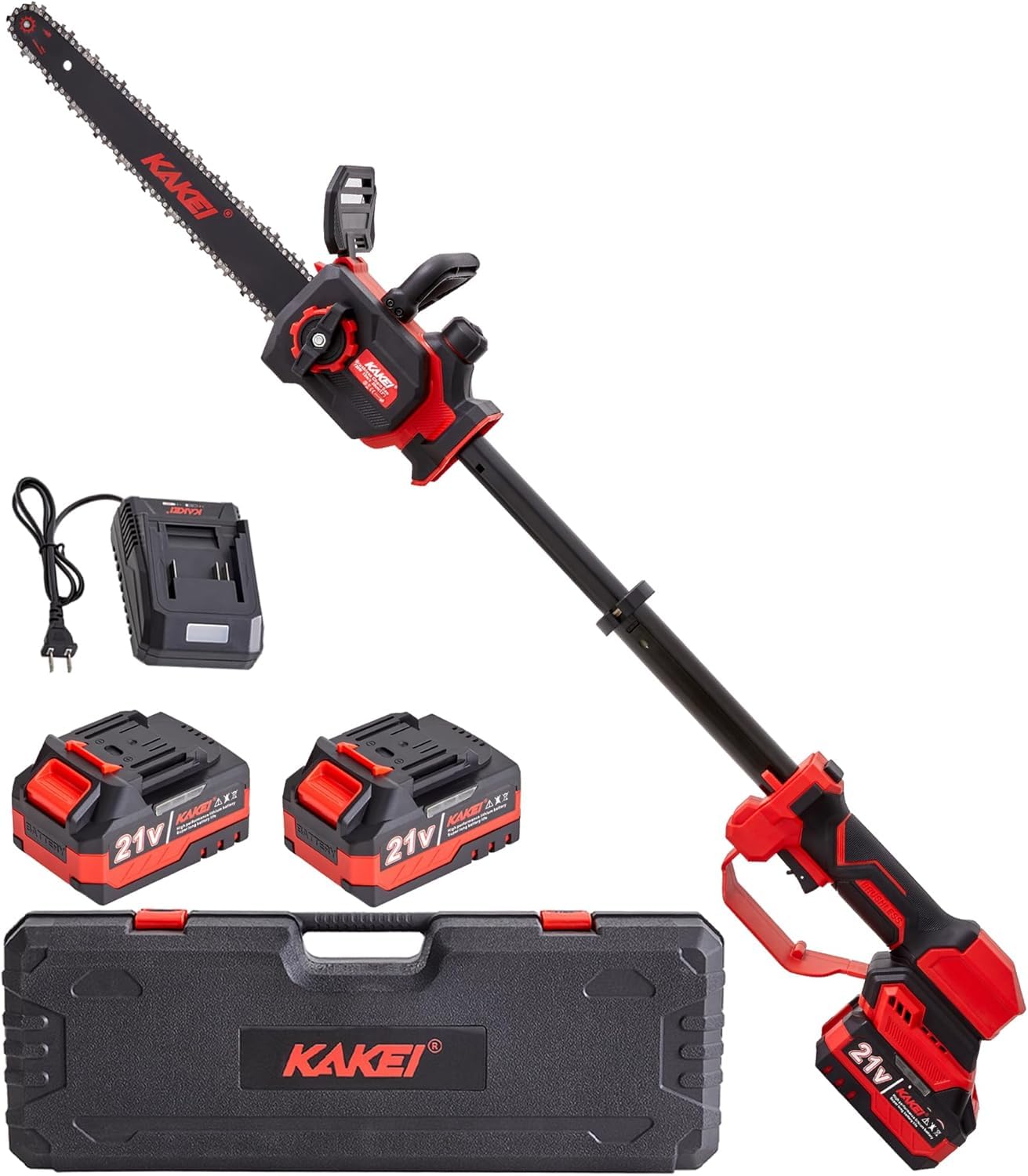 KAKEI front view of pole saw kit showing compact portability and included case