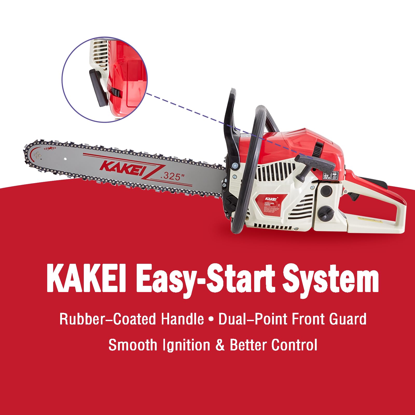 KAKEI rubber-coated starter handle demonstrating easy-start comfort and reduced pull effort