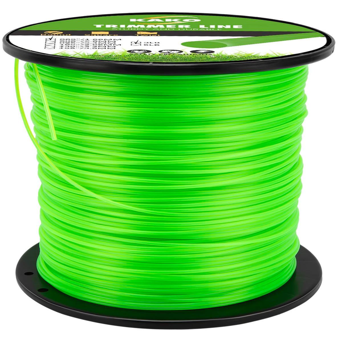 KAKO spool front view showing 2000 ft and 3 lb capacity for long trims
