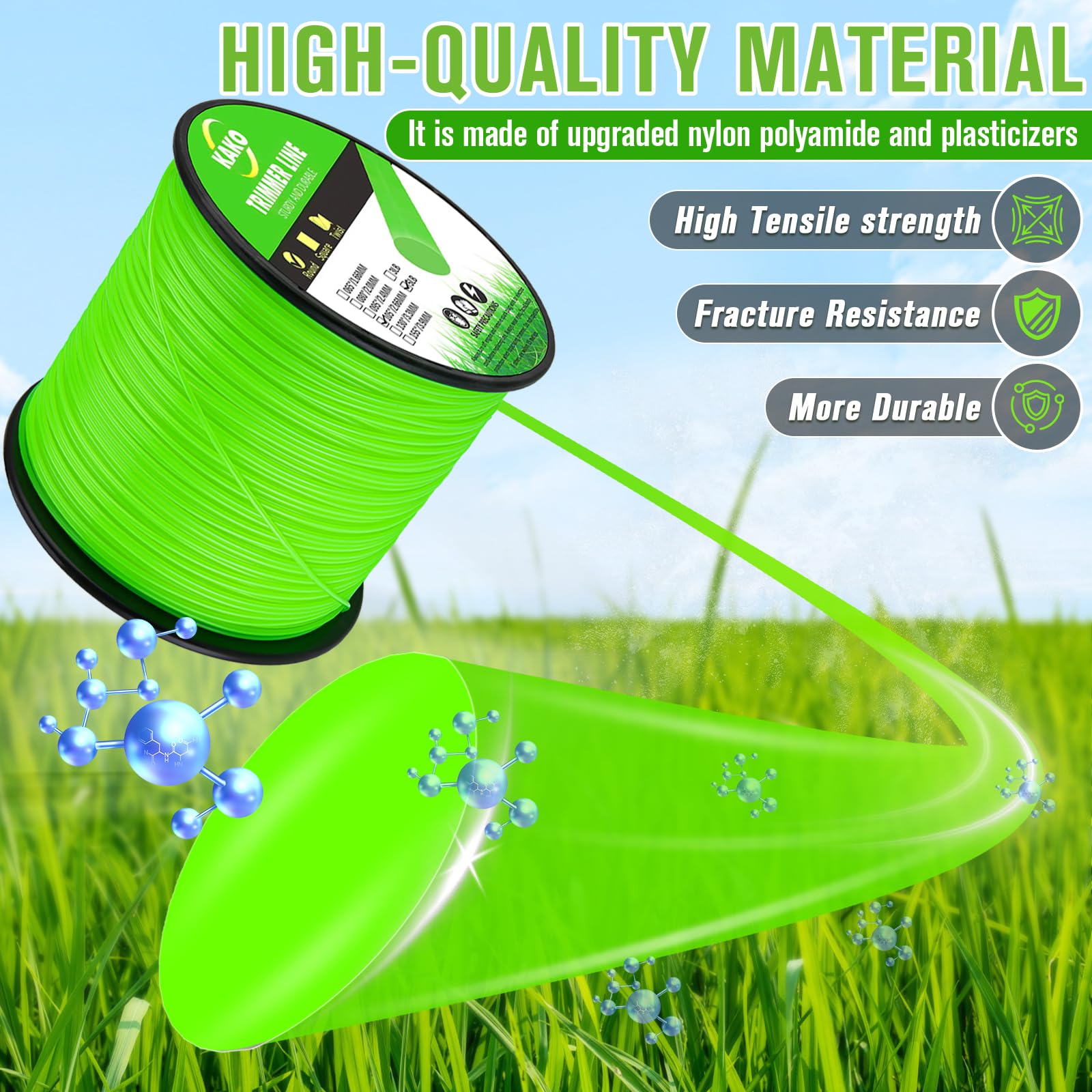 KAKO line installed in a trimmer head cutting thick grass with smooth operation benefit