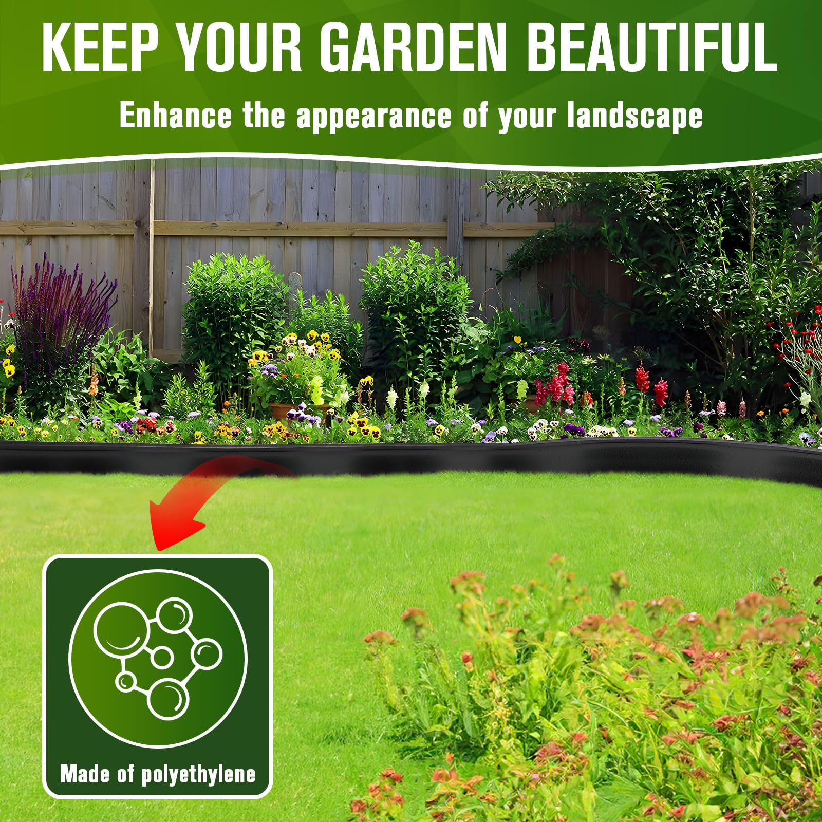 KAKO yard lifestyle image showing neat lawn-to-mulch transition benefit