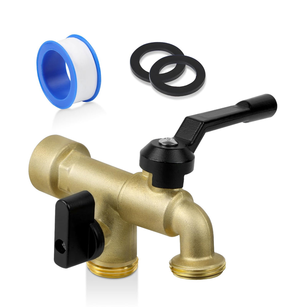 KAKSEY front view wall-mounted faucet showing dual outlets and mounting benefits