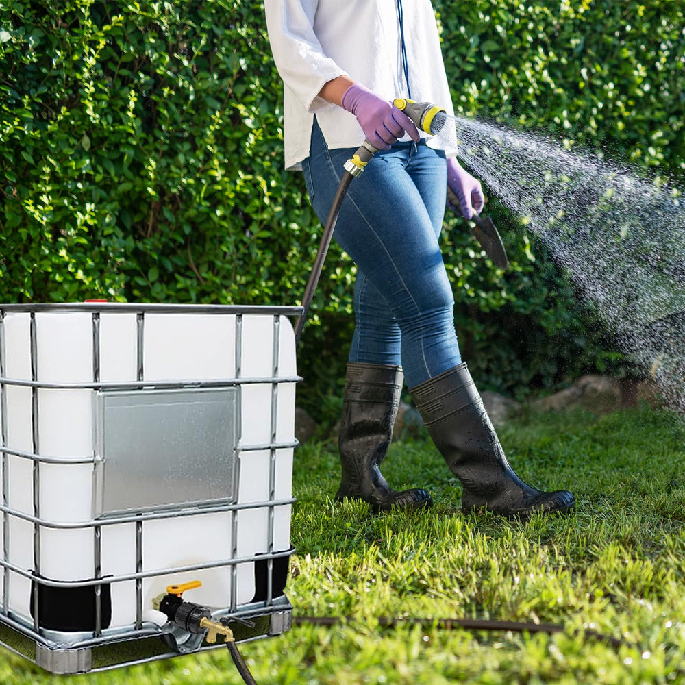 KAKSEY lifestyle IBC tote setup with adapter for simultaneous watering benefit