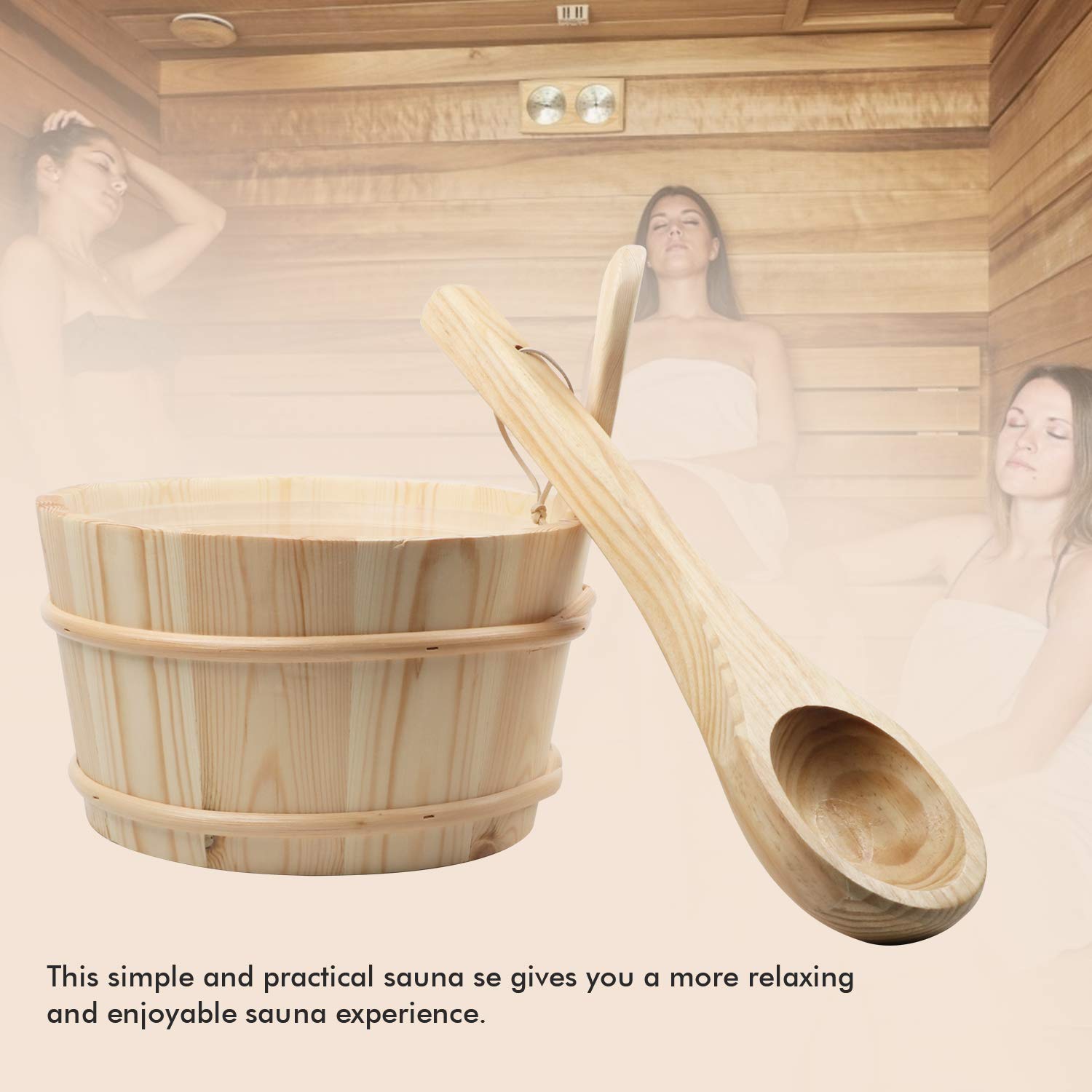 KAKUNM bucket and ladle in a sauna setting demonstrating safe use and reach