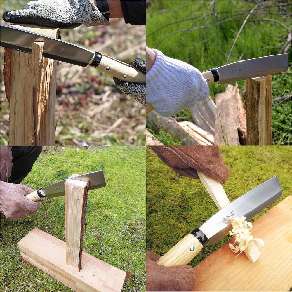 KAKURI tools in use splitting wood at campfire for quick fire prep