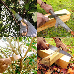 KAKURI hatchet and saw secured in leather sheath for safe carrying