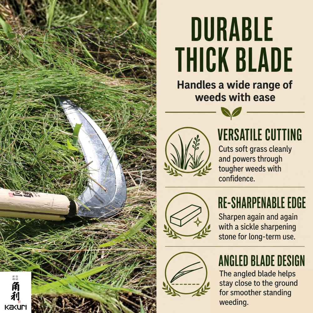 KAKURI sickle blade beside ruler showing 8.6-inch blade length and cutting power benefit