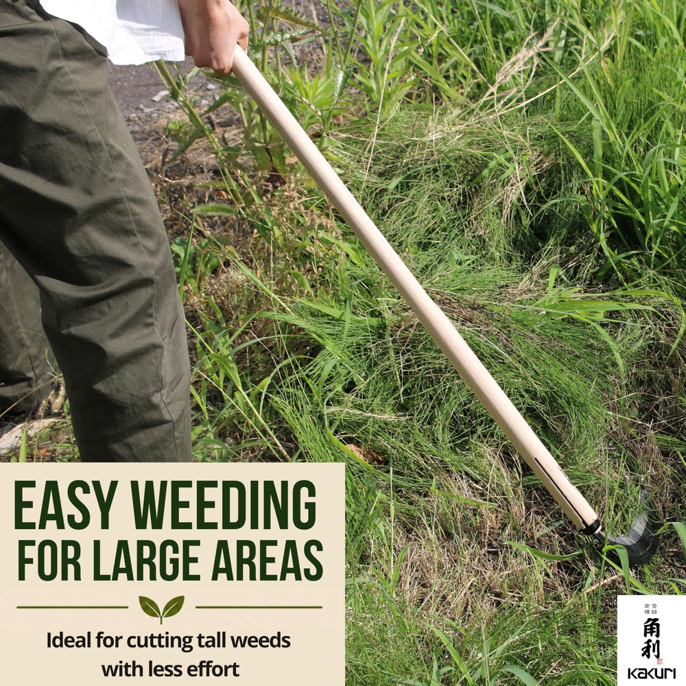 KAKURI gardener using sickle standing to cut grass showing reduced back strain benefit