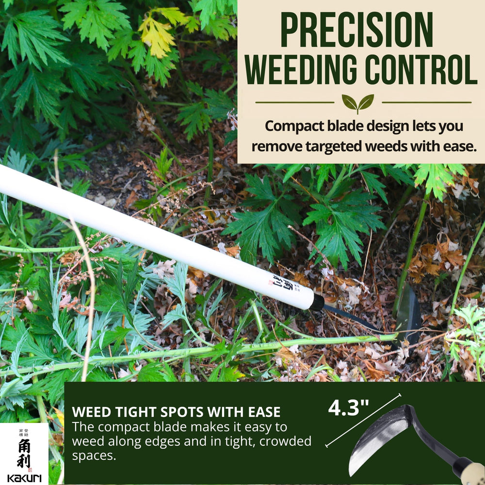 KAKURI weeder next to ruler showing 42 inch length for extended reach