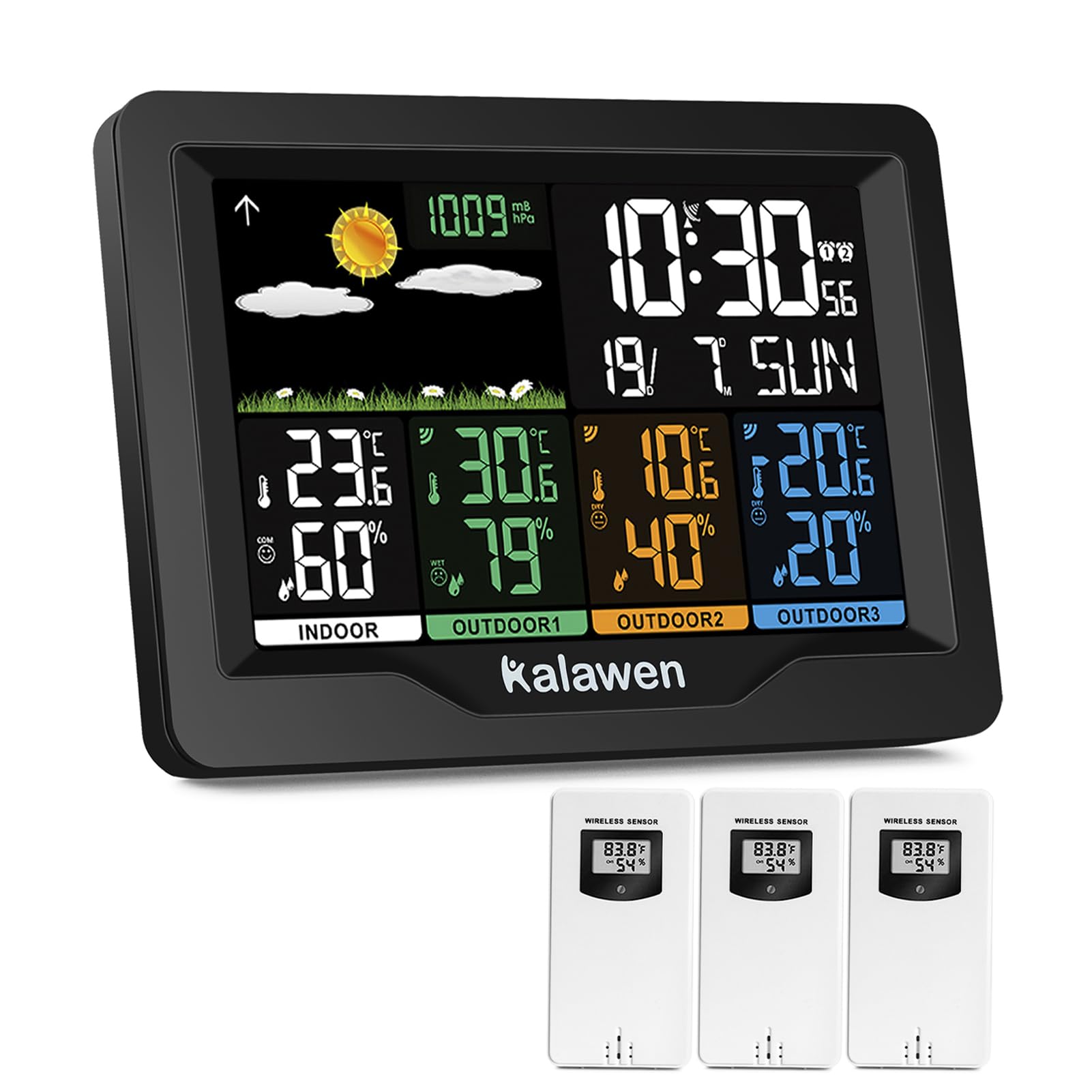 Kalawen main unit front display showing weather icons and clock for quick planning