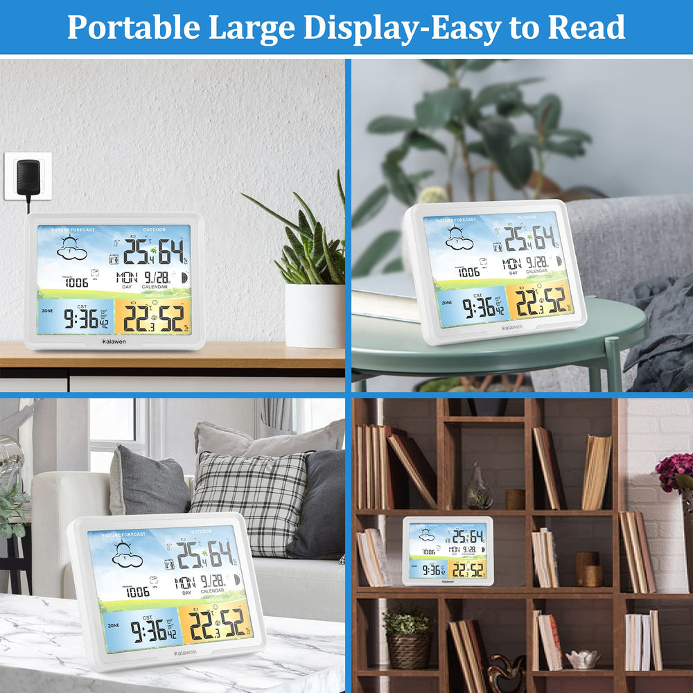 Kalawen mounted in kitchen showing easy-to-see home weather and time information