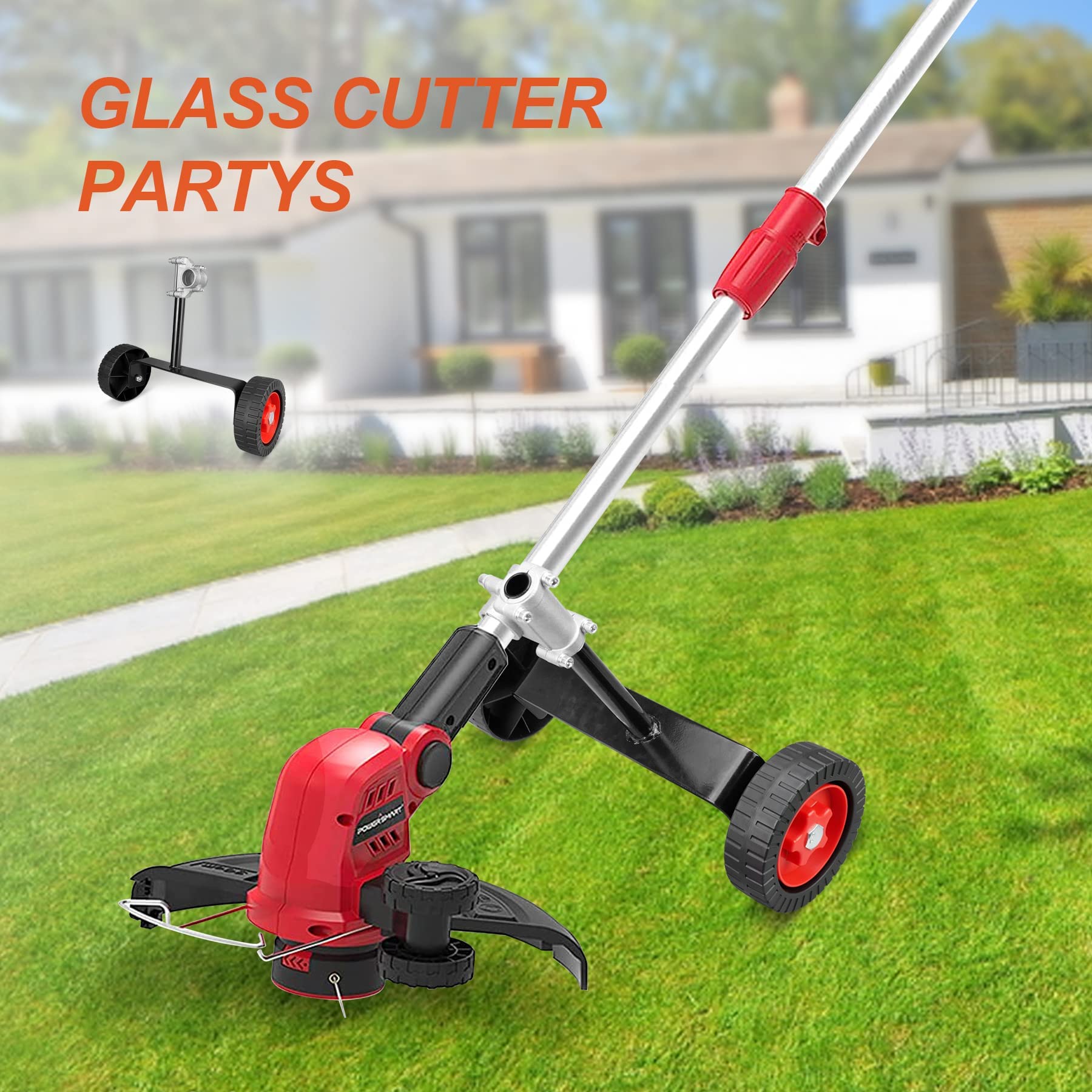 KALAWW support wheel in use guiding a trimmer along a lawn edge for consistent cuts