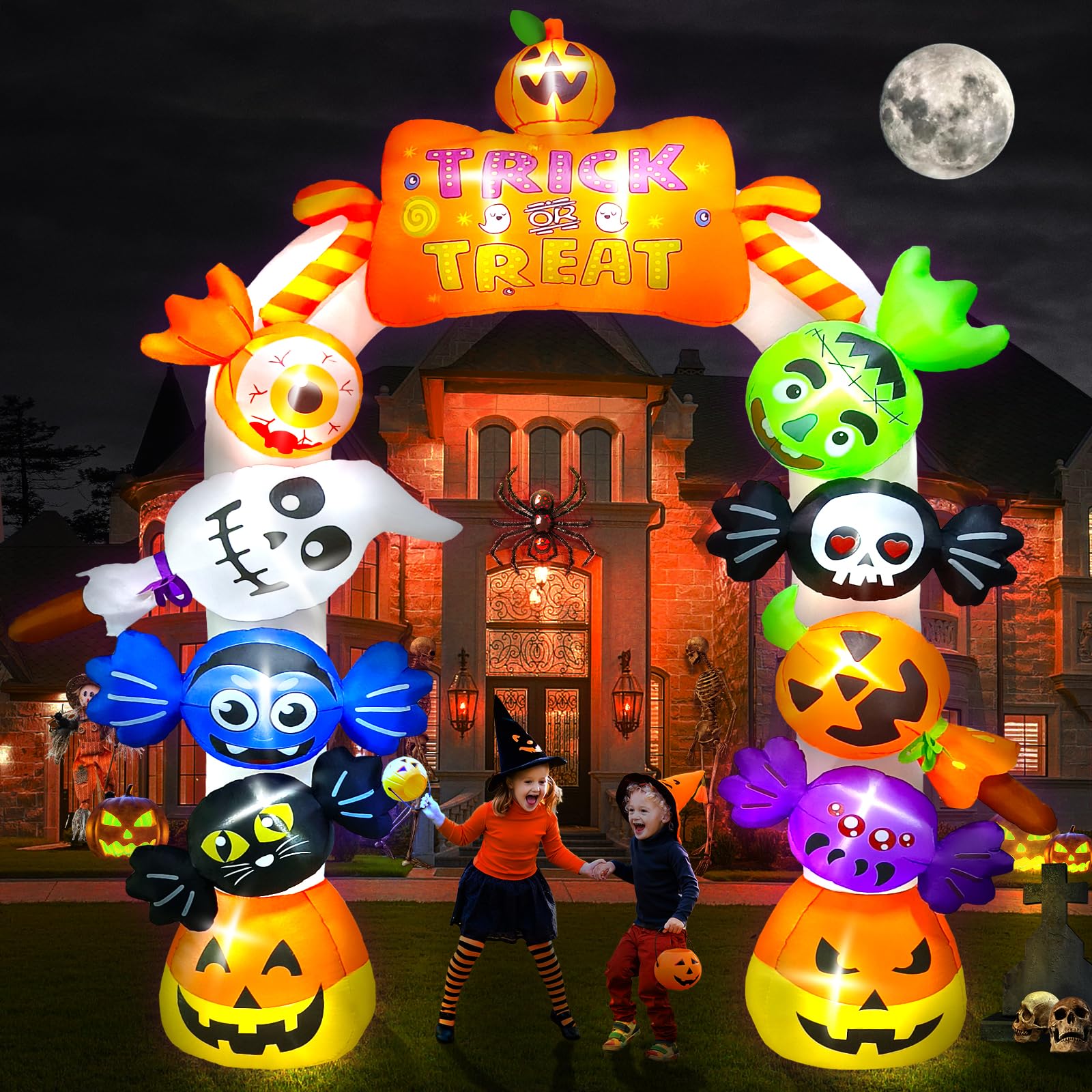Kalolary front view of 10ft candy ghost archway creating spooky entrance