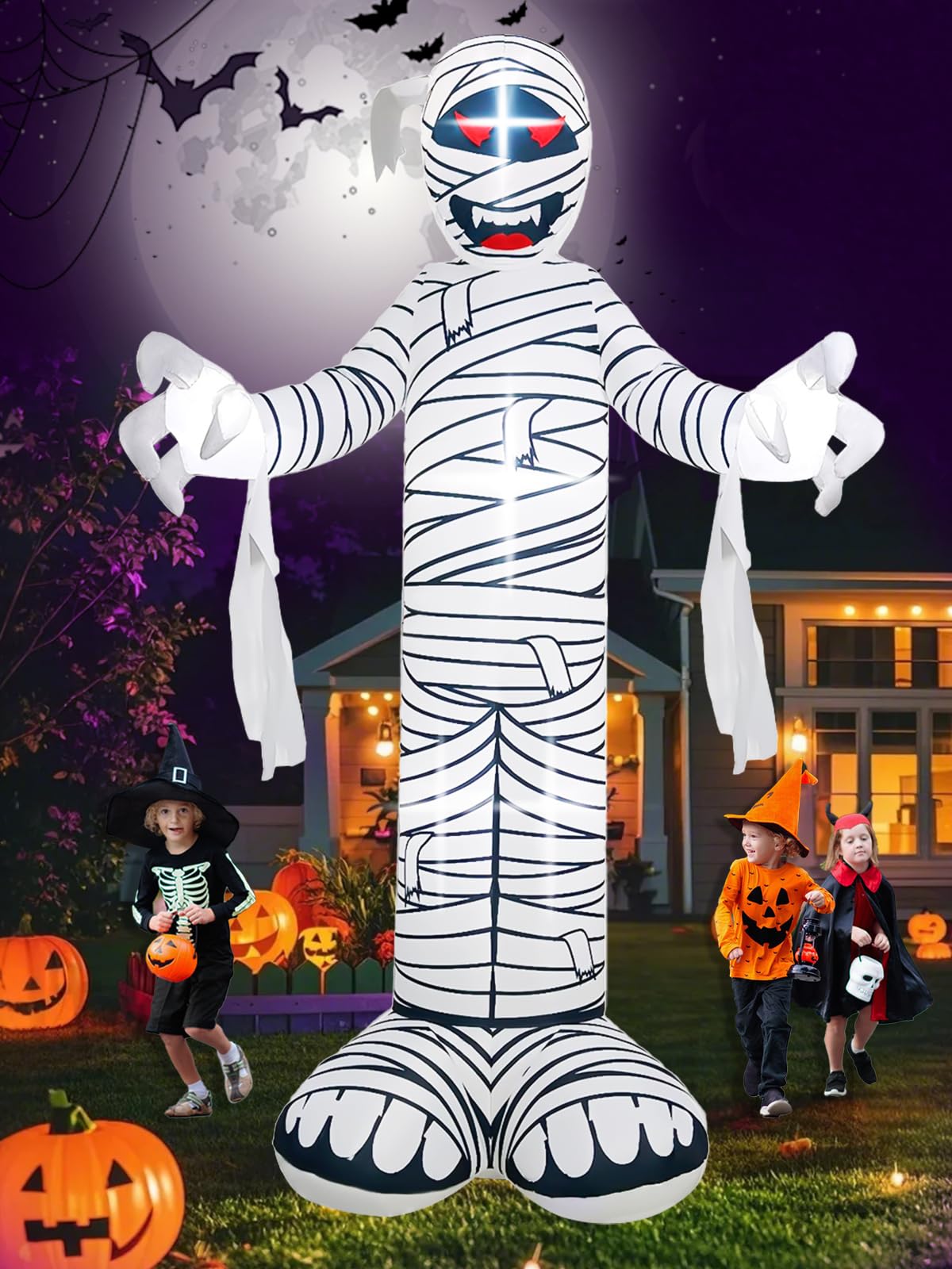 Kalolary mummy in yard with pumpkins and lights creating an attention-grabbing display