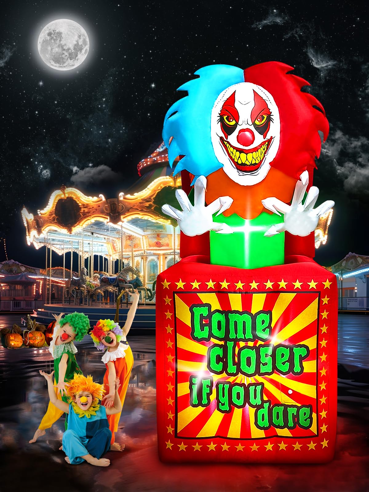 Kalolary inflated clown next to an adult for scale showing true 6.6 FT height