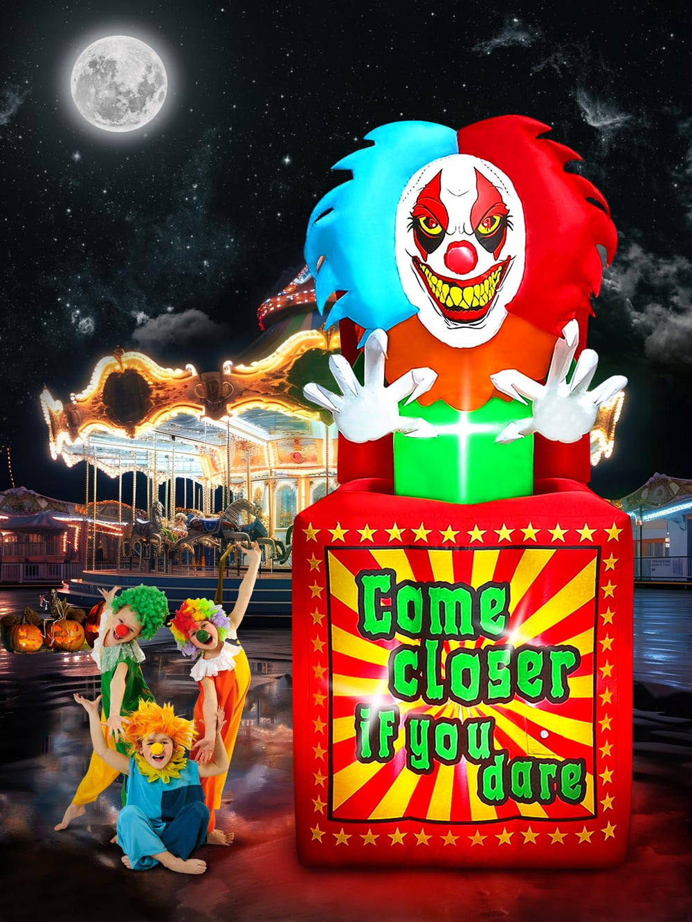 Kalolary inflated clown next to an adult for scale showing true 6.6 FT height