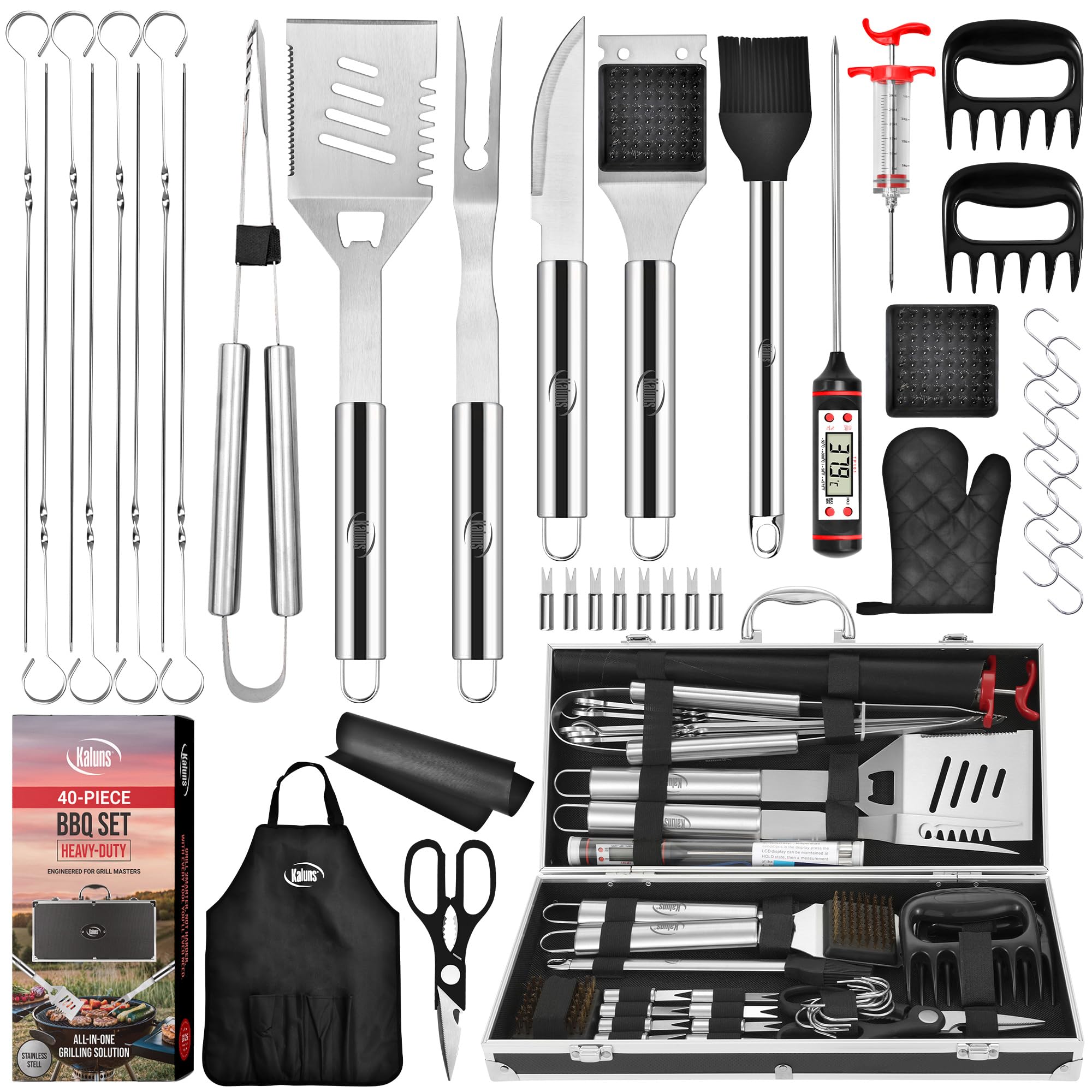 Kaluns front packaging showing complete 40-piece grill set and case benefit organization