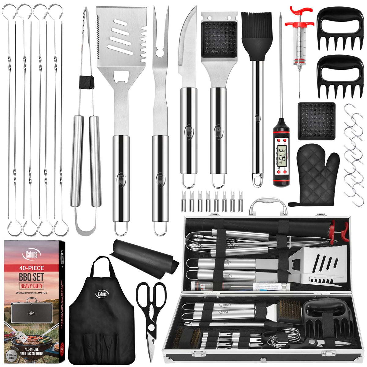 Kaluns front packaging showing complete 40-piece grill set and case benefit organization