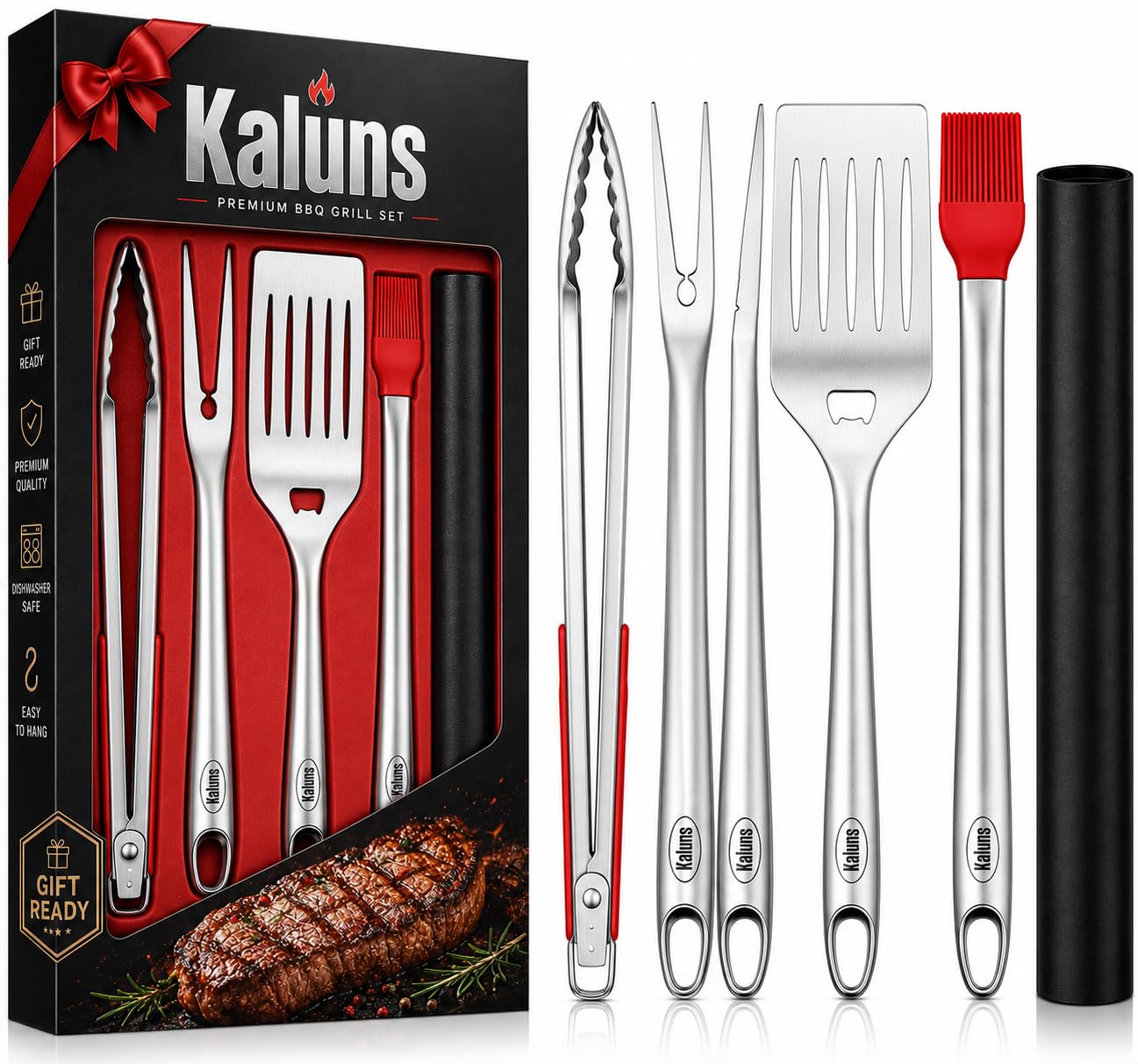 kaluns front view of full 4-piece set showing durable stainless steel and neat hanging loops