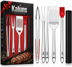 kaluns front view of full 4-piece set showing durable stainless steel and neat hanging loops